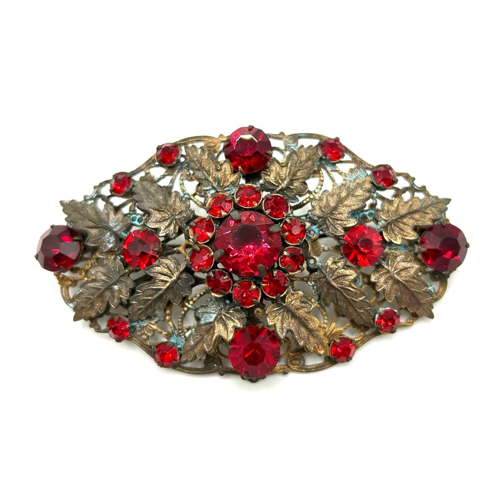 Vintage circa 1940s Czech Ruby Glass Rhinestone and Brass-tone Brooch
